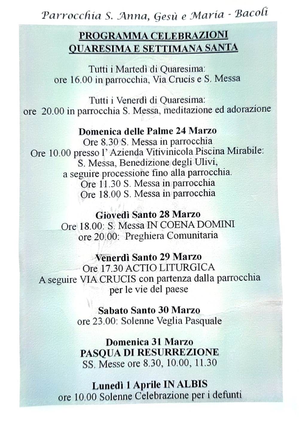 Parrocchia .Anna Gesu e Maria   Bacoli   orari Quaresima e Settimana Santa